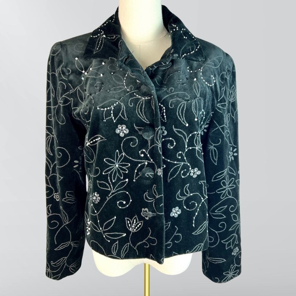 Vintage Lucia Lakken Black Velvet Embroidered Embellished ButtonUp Blazer Jacket